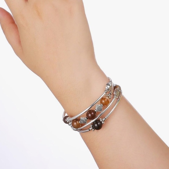 Pearl & Club Agate, Brown Moonstone and Agate Silver Beaded Wrap Bracelet - Picture 3 of 6